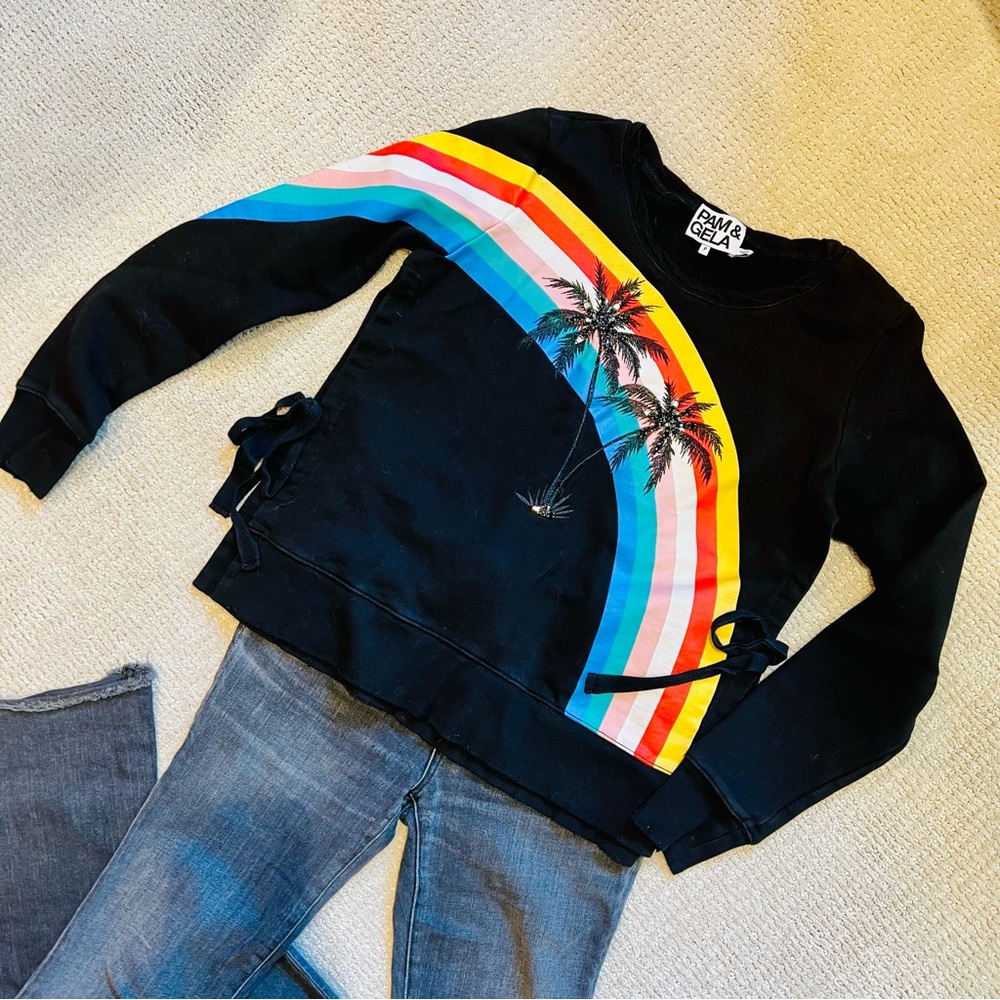 Pam & Gela rainbow palm tree sweatshirt. 🌈 🌴
